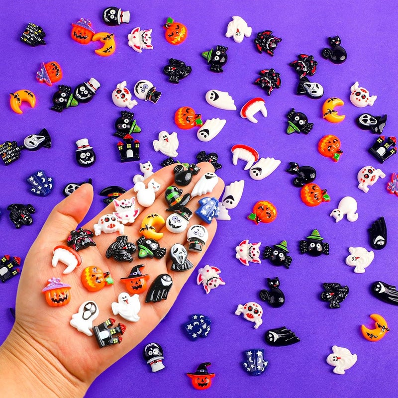 FOIMAS Halloween Resin Flatback Charms,100pcs Pumpkin Ghost Spider Embellishment Resin Miniatures for Halloween Ornament Supply - Image 4